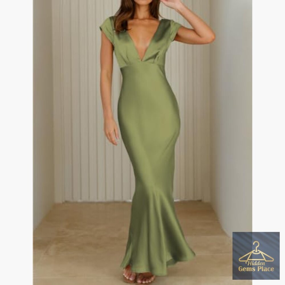 Satin V-Neck Backless Midi Dress with Cap Sleeves and Twist Detail - Picture 3 of 6